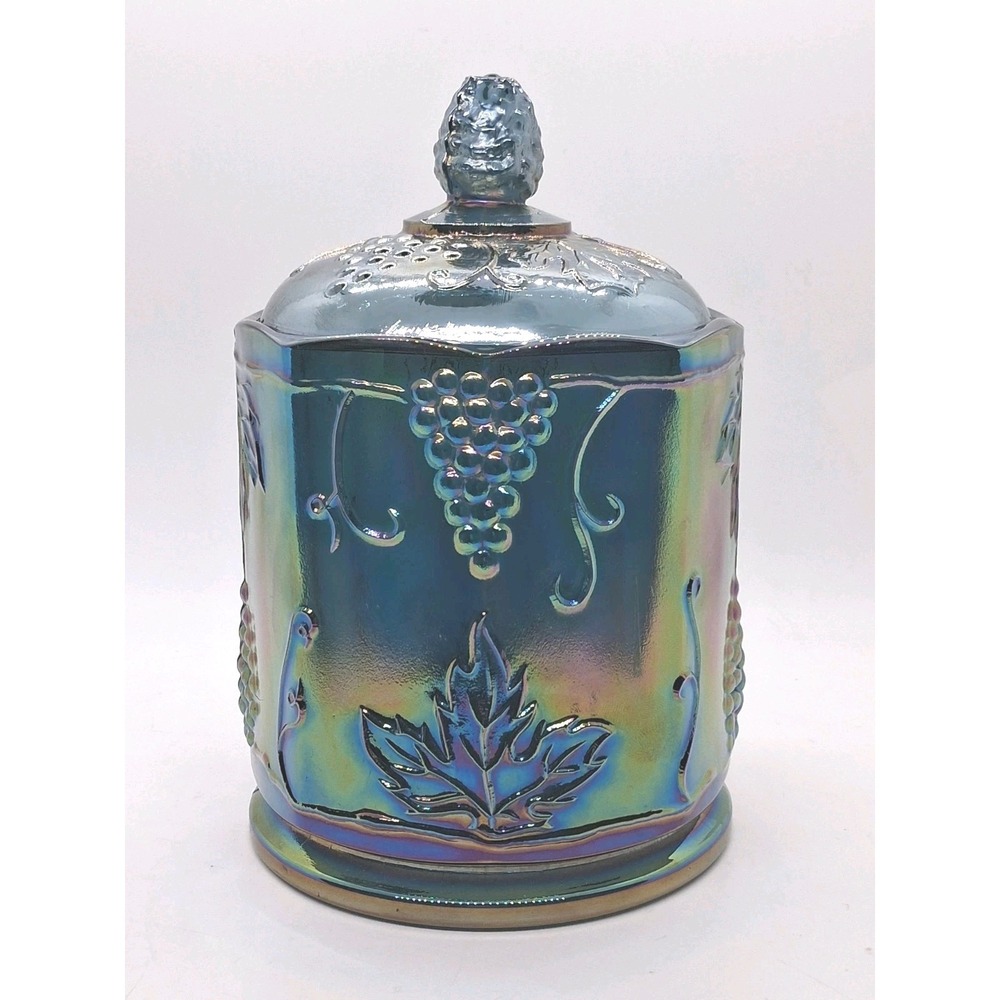Carnival Glass Iridescent Blue Indiana Glass Harvest Grape Canister Jar  7" READ